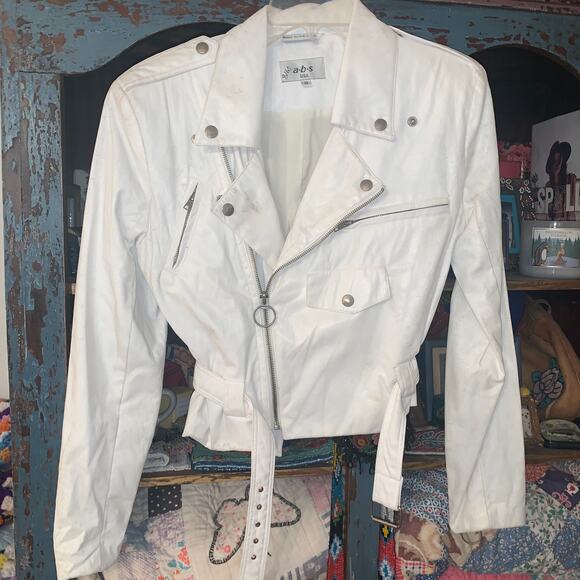 VINTAGE 90s ABS WHITE POLYURETHANE MOTO BIKER JACKET S - Picture 1 of 13